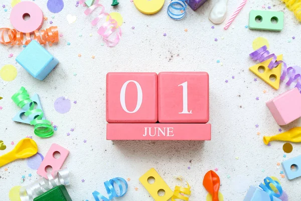 Calendar Date Children Day Toys Confetti White Background — Stock Photo, Image