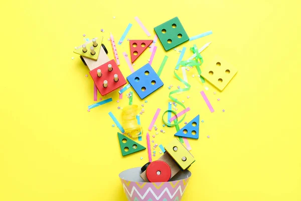 Party Cone Baby Blocks Confetti Yellow Background Children Day Celebration — Stock Photo, Image