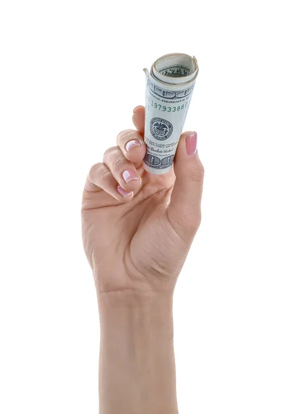 Beyaz Arka Planda Dolar Banknotları Olan Kadın — Stok fotoğraf