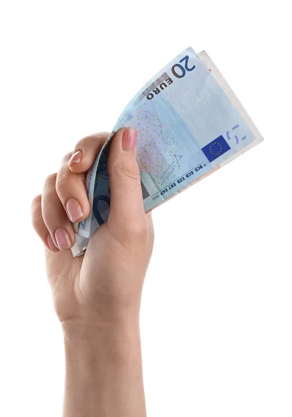 Woman Euro Banknotes White Background — Stock Photo, Image