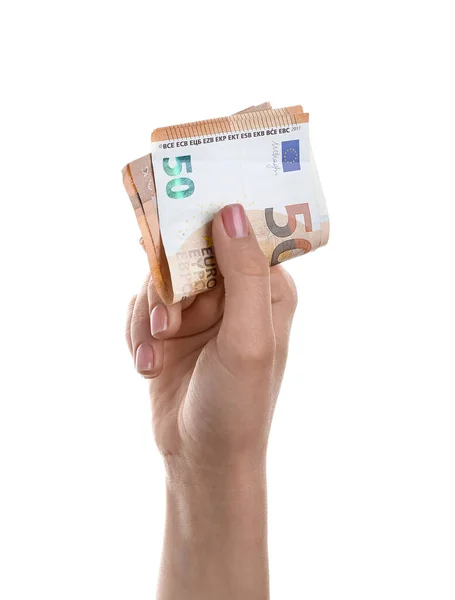 Woman Euro Banknotes White Background — Stock Photo, Image