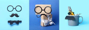 Mavi arka planda Babalar Günü için hediyeler ve dekorlarla kolaj