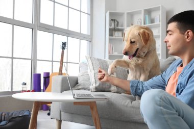 Evinde Labrador köpeği olan genç bir adam.