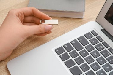 Modern dizüstü bilgisayarı ve USB flaş belleği olan, ahşap arka planda, yakın plan