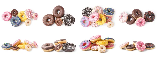 Set Mit Verschiedenen Süßen Donuts Auf Weißem Hintergrund — Stockfoto