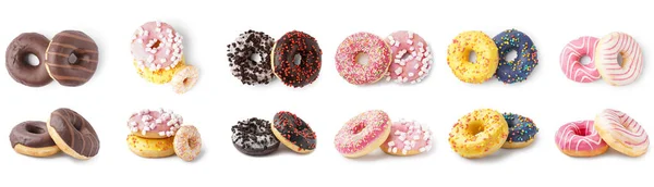 Conjunto Diferentes Donuts Doces Fundo Branco — Fotografia de Stock