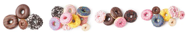 Conjunto Diferentes Donuts Doces Fundo Branco Vista Superior — Fotografia de Stock