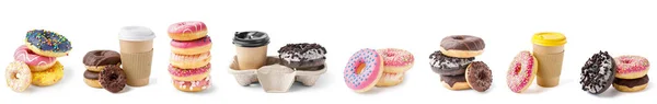 Conjunto Diferentes Donuts Doces Fundo Branco — Fotografia de Stock
