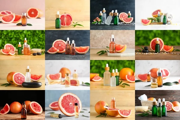 Collage with bottles of grapefruit essential oil