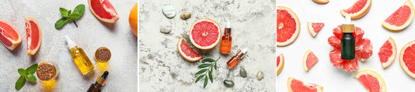 Collage with bottles of grapefruit essential oil, top view
