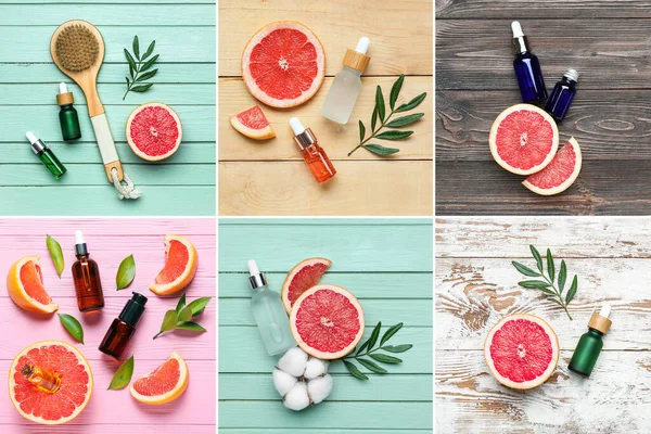 Collage Bottles Grapefruit Essential Oil Wooden Background — Stock Photo, Image
