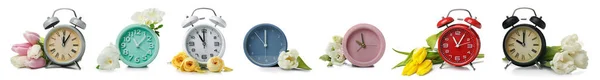 Set Alarm Clocks Beautiful Flowers White Background Spring Time — Stock Photo, Image