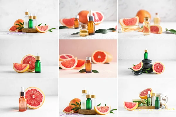 Collage with bottles of grapefruit essential oil on light background