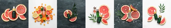 Коллаж Бутылками Грейпфрутового Эфирного Масла Вид Сверху — стоковое фото