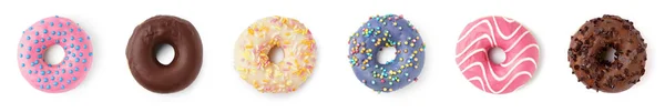 Conjunto Donuts Doces Fundo Branco Vista Superior — Fotografia de Stock