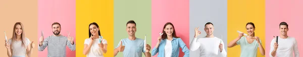 歯ブラシ ペースト 歯のツールを持つ異なる人々のコラージュの色の背景 — ストック写真