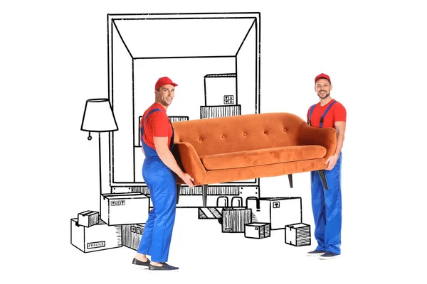 stock image Loaders with sofa near drawn lorry on white background