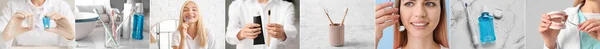 Collage Persone Con Spazzolini Denti Pasta Strumenti Dentali Modello Mascella — Foto Stock