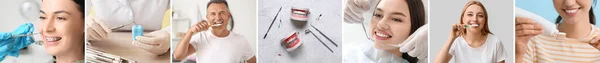 Collage Von Menschen Mit Zahnbürsten Paste Zahnwerkzeugen Und Kiefermodellen — Stockfoto