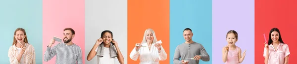 歯ブラシ ペースト デンタルフロスを持つ異なる人々のコラージュ色の背景 — ストック写真