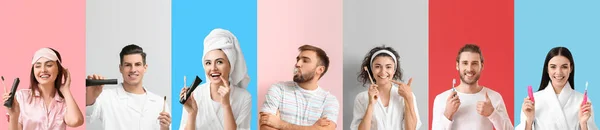 Collage Verschiedener Menschen Mit Zahnbürsten Paste Und Kaugummi Auf Farbigem — Stockfoto