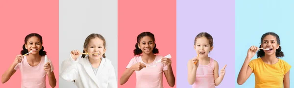 Κολάζ Από Χαριτωμένα Κορίτσια Οδοντόβουρτσες Και Πάστα Στο Φόντο Χρώμα — Φωτογραφία Αρχείου
