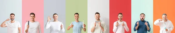 Collage Hombres Con Cepillos Dientes Pasta Herramientas Dentales Carta Colores — Foto de Stock