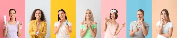 Collage Von Frauen Mit Zahnbürsten Paste Zahnwerkzeugen Und Kaugummi Auf — Stockfoto