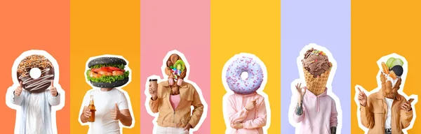Uppsättning Människor Med Ohälsosam Mat Stället För Deras Huvuden Färgglada — Stockfoto