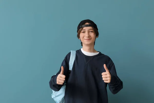 Male Student Backpack Showing Thumbs Blue Background — Stock Photo, Image