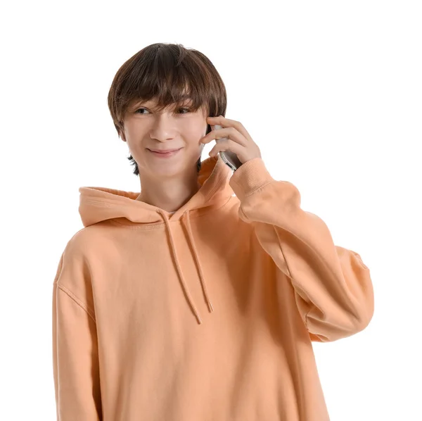 Teenage Boy Talking Mobile Phone White Background — Stock Photo, Image
