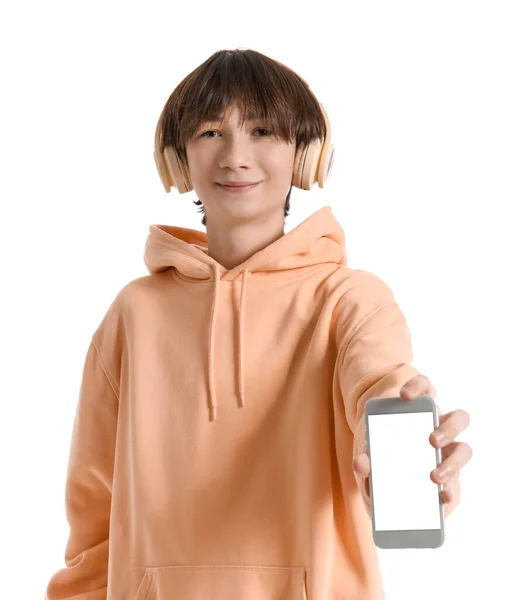 Εφηβικό Αγόρι Ακουστικά Κινητό Τηλέφωνο Λευκό Φόντο — Φωτογραφία Αρχείου