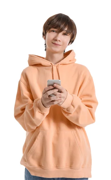 Teenage Chlapec Pomocí Mobilního Telefonu Bílém Pozadí — Stock fotografie