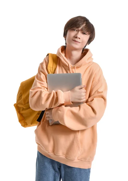 Männlicher Student Mit Laptop Und Rucksack Auf Weißem Hintergrund — Stockfoto