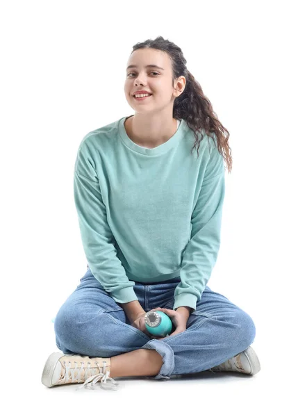 Teenage Girl Bottle Water Sitting White Background — Stock Photo, Image