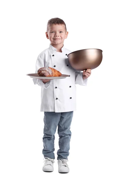Cute Little Chef Tacą Rogalików Białym Tle — Zdjęcie stockowe