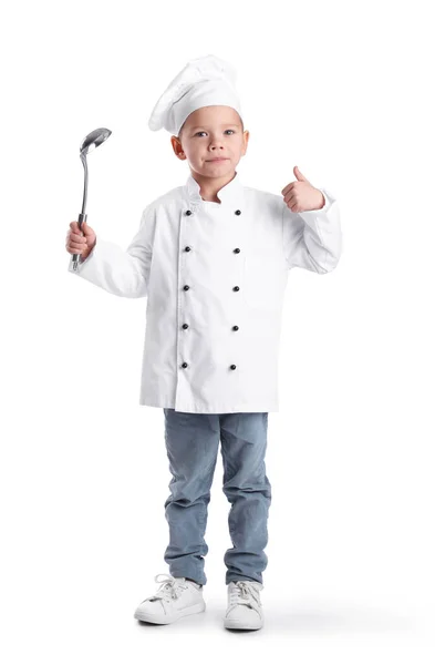 Cute Little Chef Chochli Pokazując Kciuk Góry Białym Tle — Zdjęcie stockowe