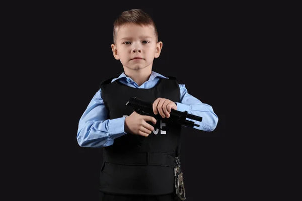 Cute Little Police Officer Gun Black Background — Stock Photo, Image
