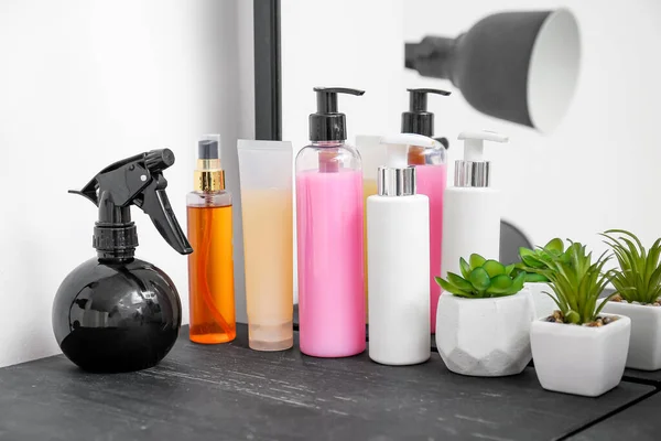 Bottle Spray Hair Care Products Table Beauty Salon — Stock Photo, Image