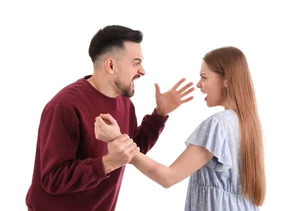 Angry Young Couple Shouting White Background Domestic Violence Concept — Stock Photo, Image