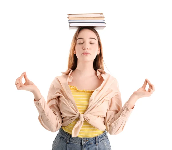 Mujer Joven Con Libros Meditando Sobre Fondo Blanco Concepto Equilibrio — Foto de Stock