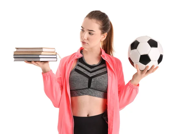 Sporty Young Woman Books Soccer Ball White Background Balance Concept — Stock Photo, Image