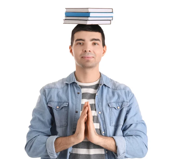 Joven Con Libros Meditando Sobre Fondo Blanco Concepto Equilibrio — Foto de Stock