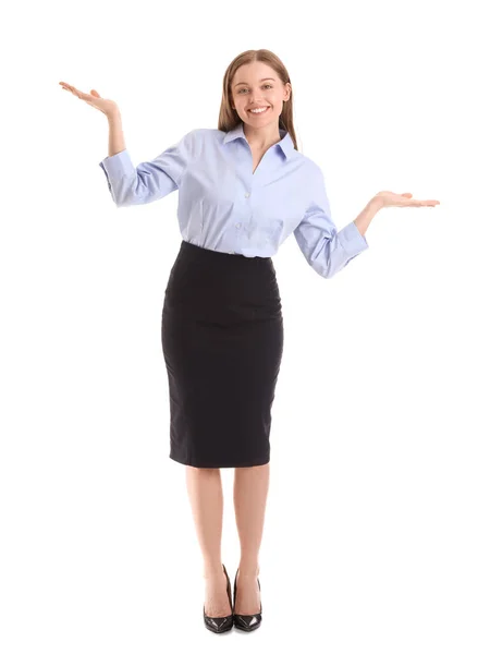 Young Businesswoman Balancing White Background — Stock Photo, Image