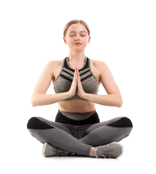 Sporty Young Woman Meditating White Background Balance Concept — Stock Photo, Image
