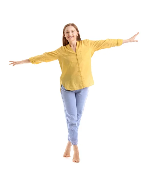 Young Woman Balancing White Background — Stock Photo, Image