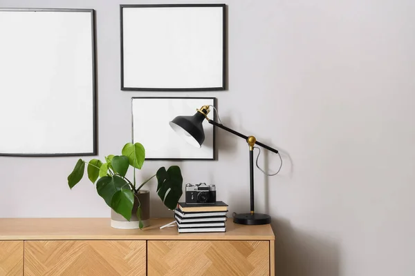 Houseplant with photo camera, books and lamp on table in room
