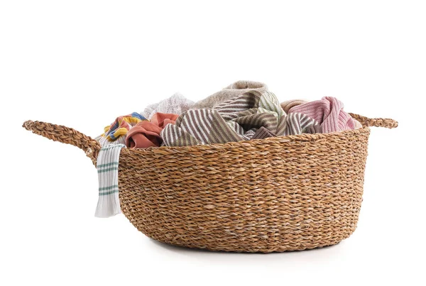 Wicker Basket Dirty Clothes White Background — Stock Photo, Image