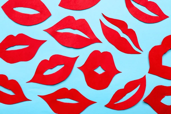 Rode Papieren Lippen Blauwe Achtergrond — Stockfoto
