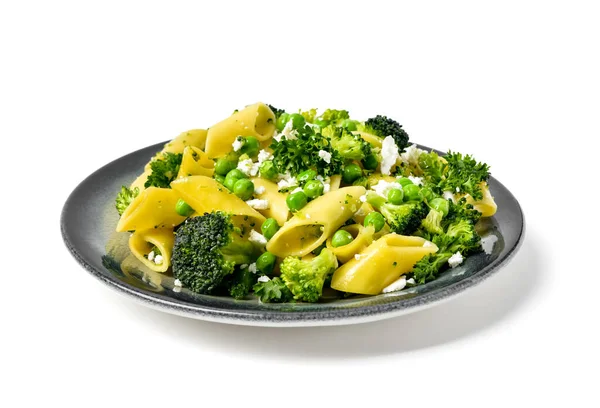 Plate Tasty Penne Pasta Broccoli White Background — Stock Photo, Image
